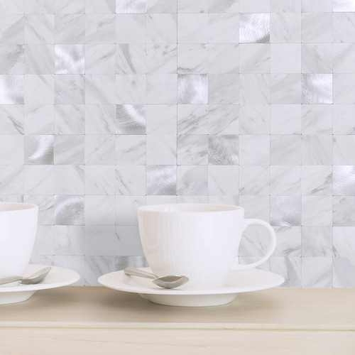 점착식 카페 주방 벽 럭셔리 메탈 타일 사각 화이트마블 (IMT004)